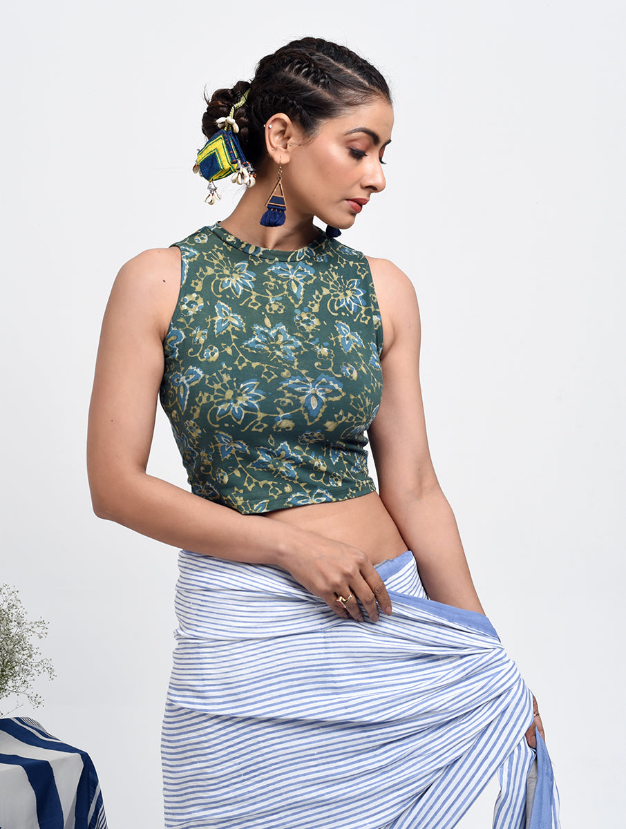 Green Jaal Dabu Printed Stretchable High Neck Blouse/Crop Top