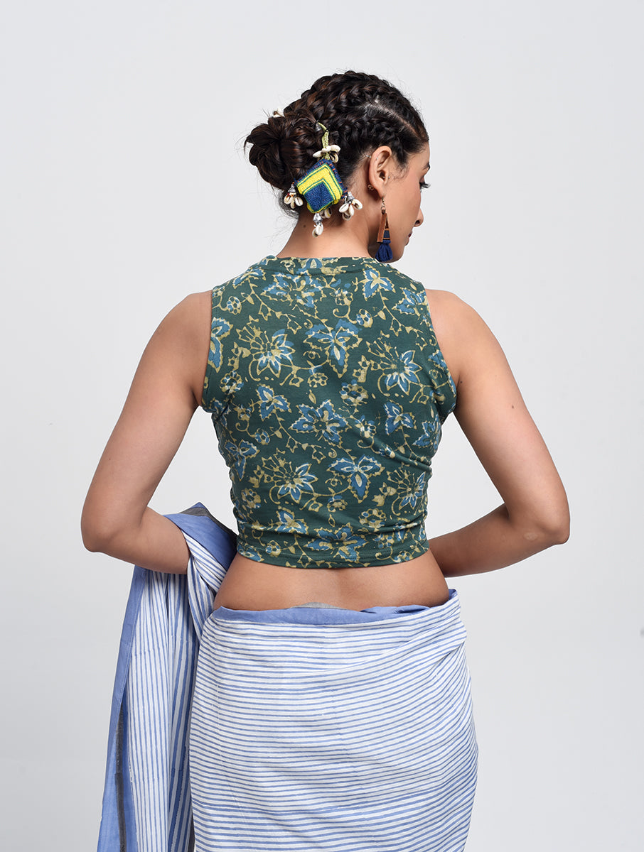 Green Jaal Dabu Printed Stretchable High Neck Blouse/Crop Top