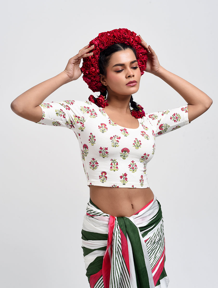 White Guldasta Sanganeri Stretchable Blouse/Crop Top