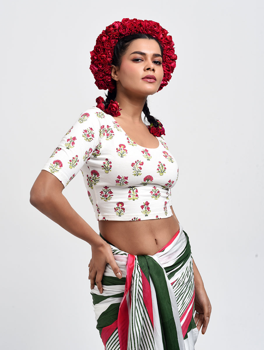 White Guldasta Sanganeri Stretchable Blouse/Crop Top