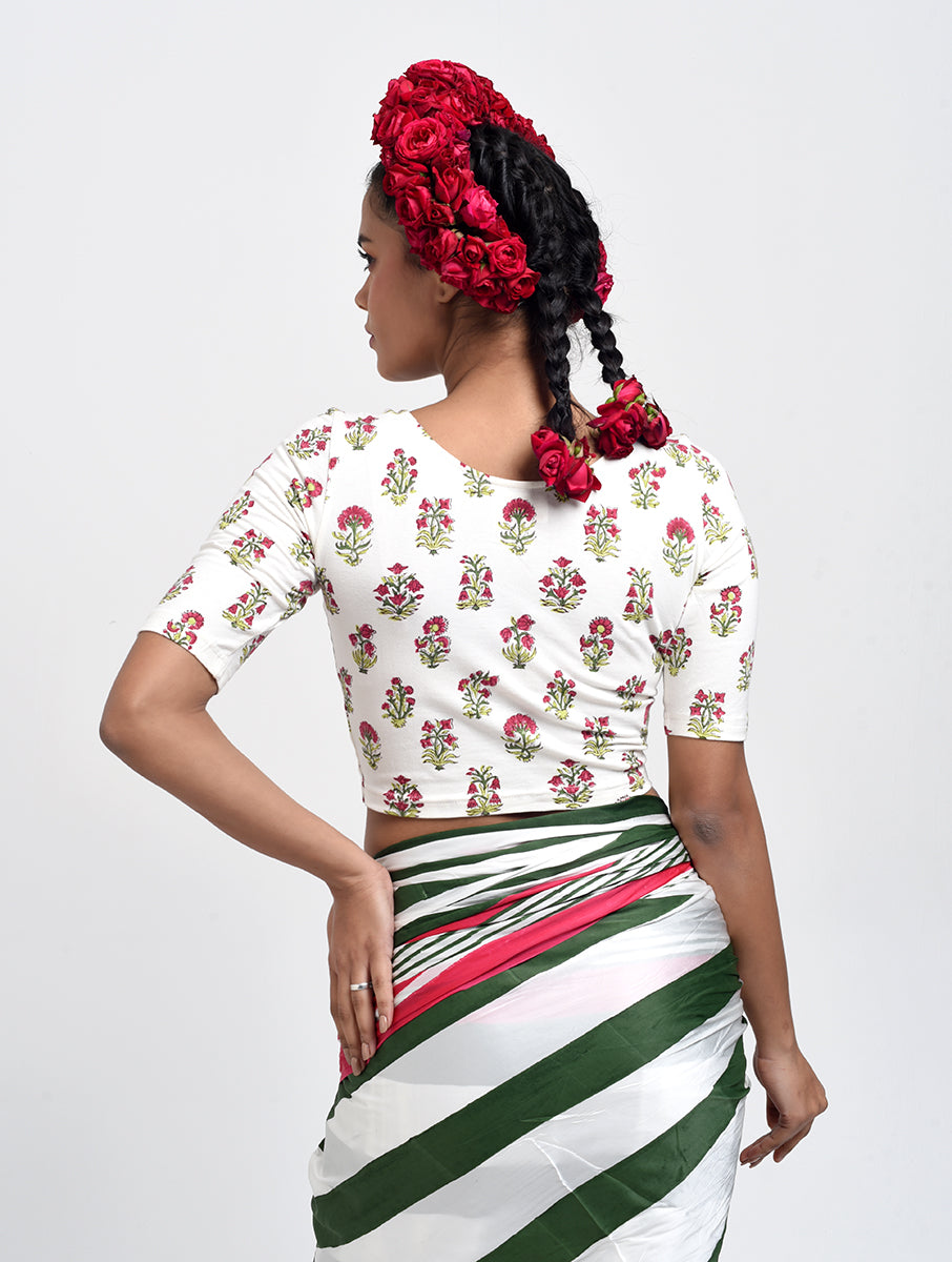 White Guldasta Sanganeri Stretchable Blouse/Crop Top