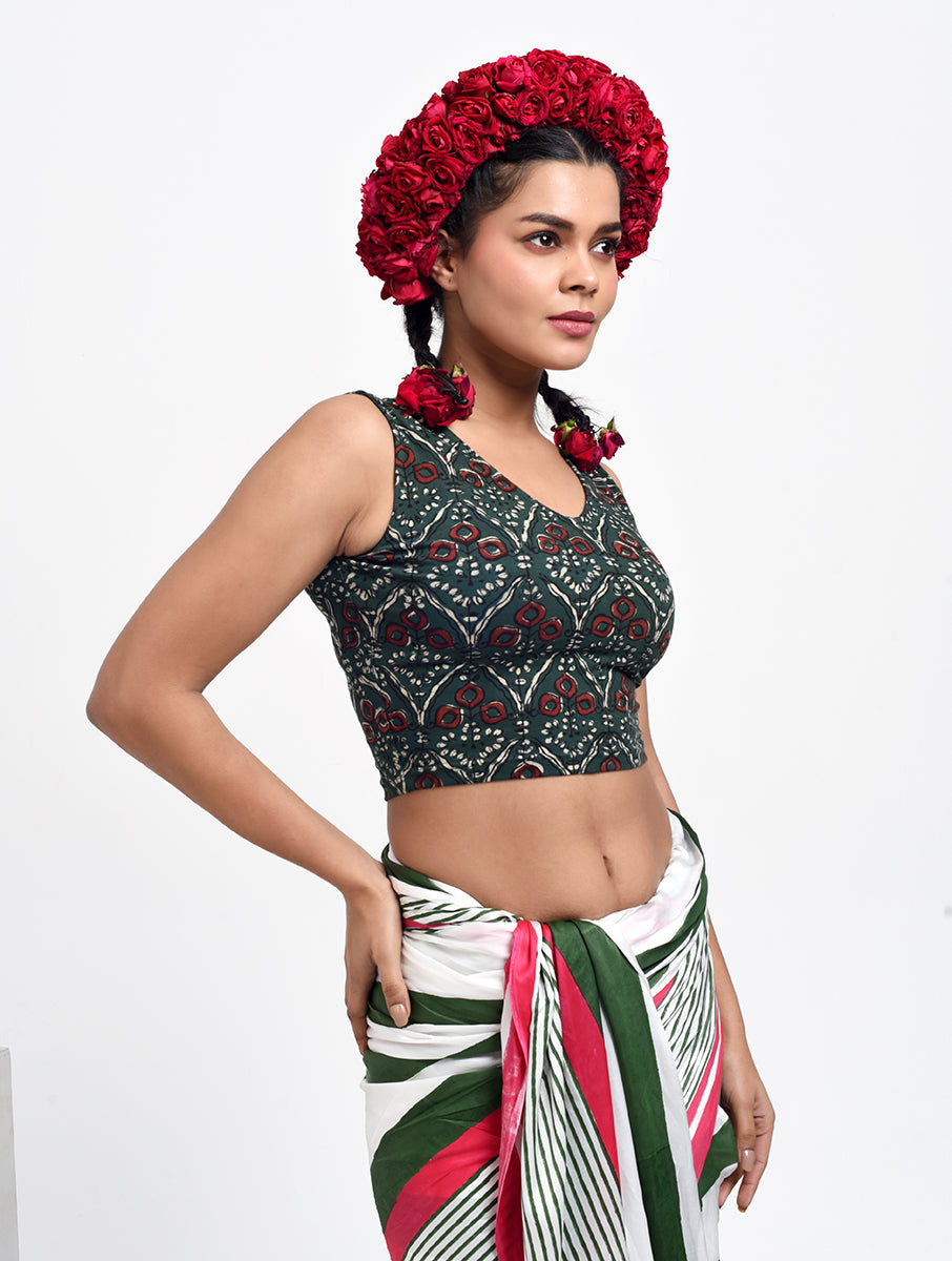 Mehandi Green Dabu Printed Sleeveless Stretchable Blouse/Crop Top
