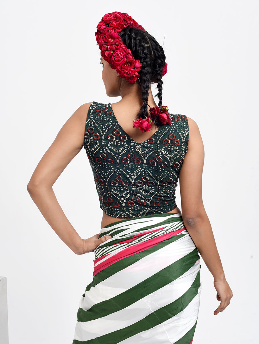 Mehandi Green Dabu Printed Sleeveless Stretchable Blouse/Crop Top