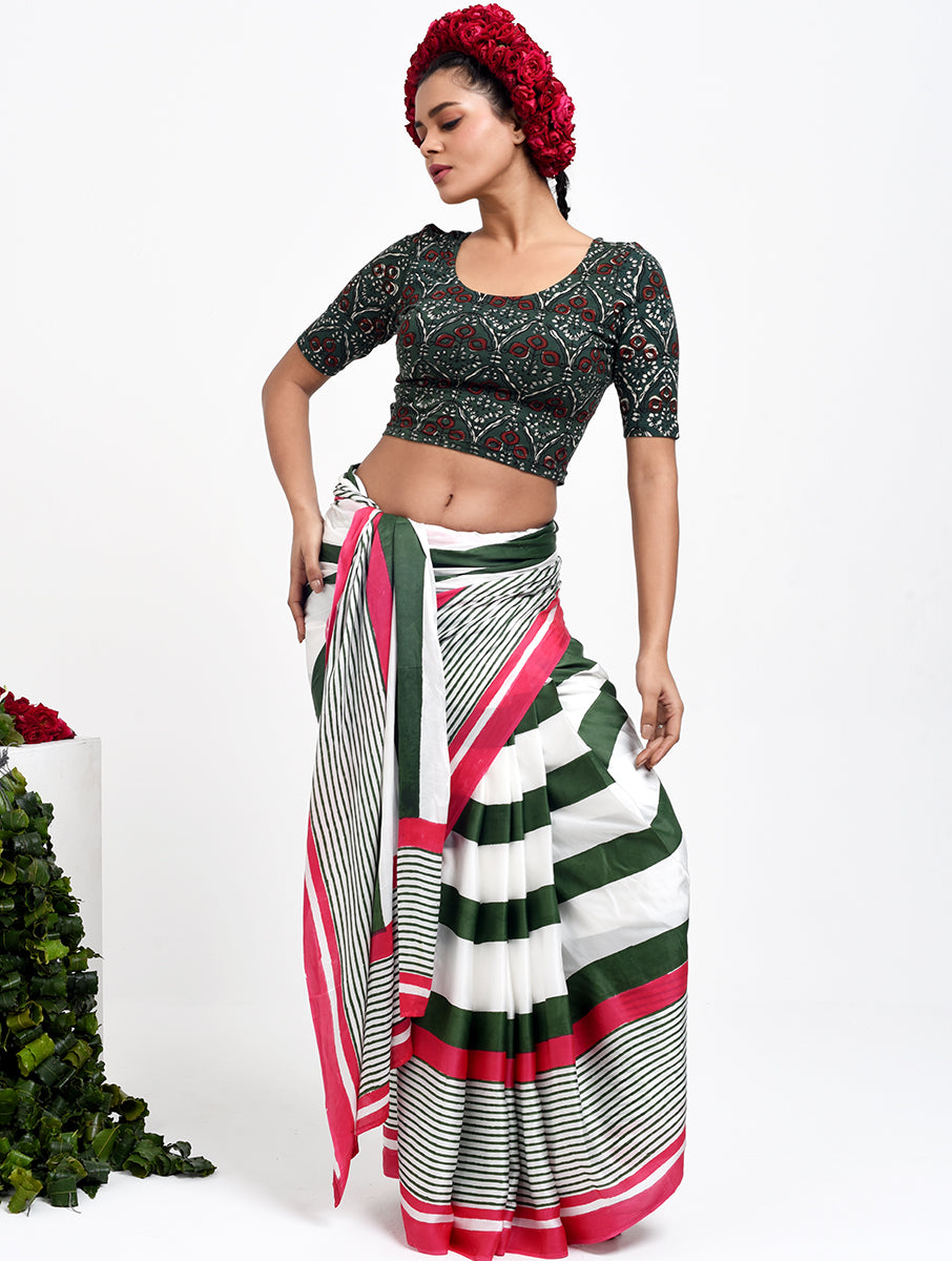 Mehandi Green Dabu Print Stretchable Blouse/Crop Top