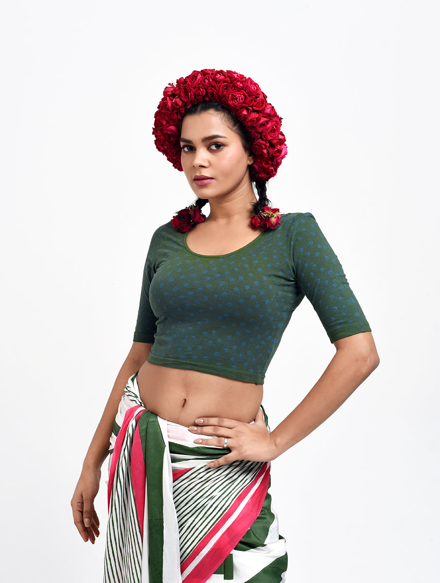 Green Blue Dot Bandhej Stretchable Blouse/Crop Top