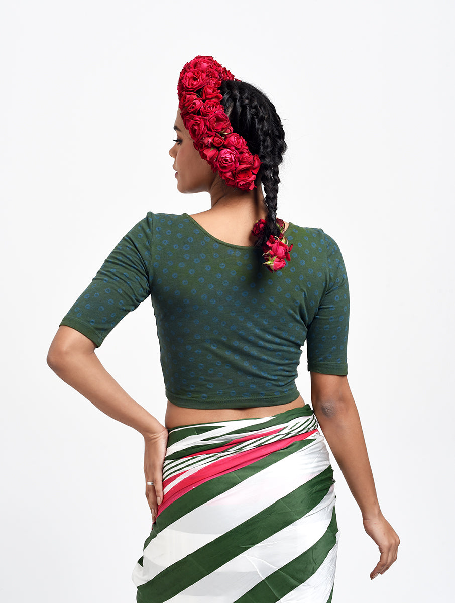 Green Blue Dot Bandhej Stretchable Blouse/Crop Top