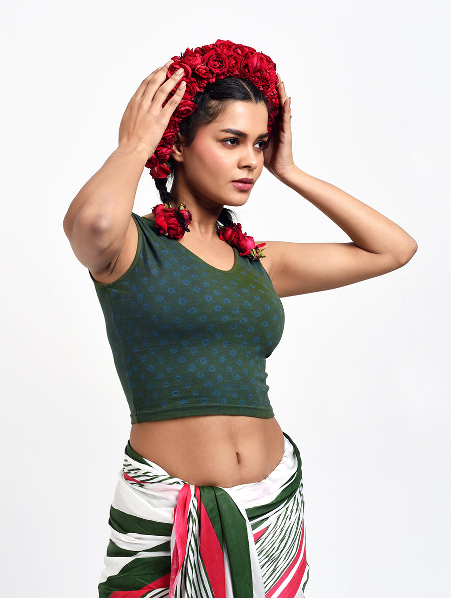 Green Blue Dot Bandhej Stretchable Blouse/Crop Top