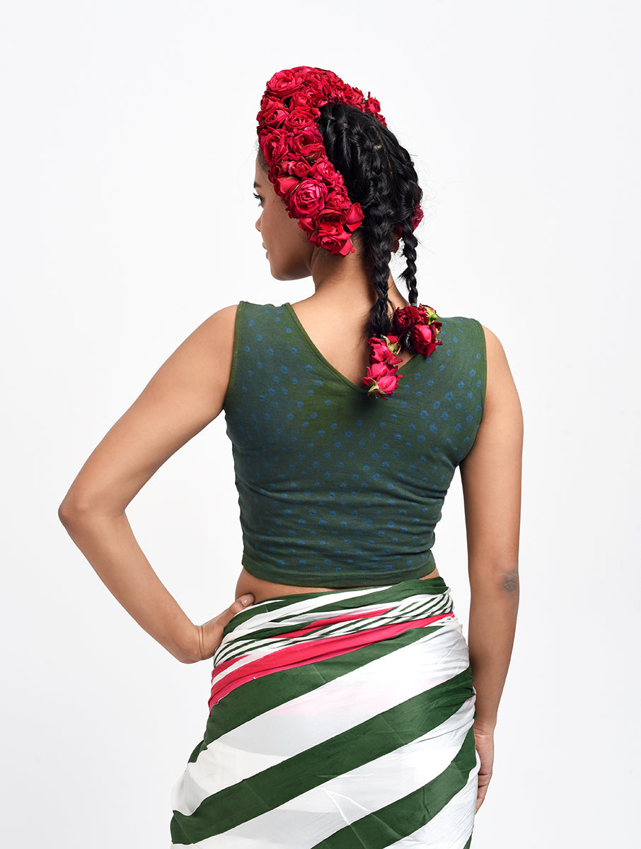 Green Blue Dot Bandhej Stretchable Blouse/Crop Top