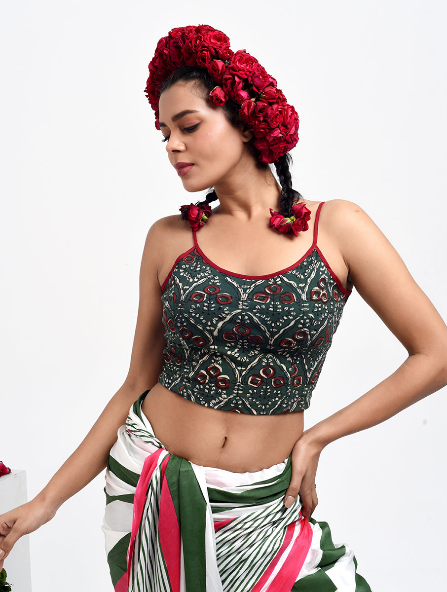 Mehandi Green Dabu Printed Stretchable Spaghetti Blouse/Crop Top