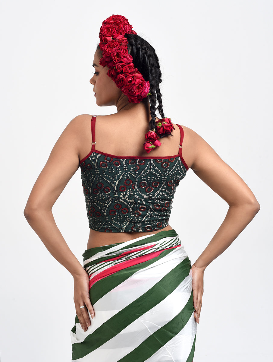 Mehandi Green Dabu Printed Stretchable Spaghetti Blouse/Crop Top