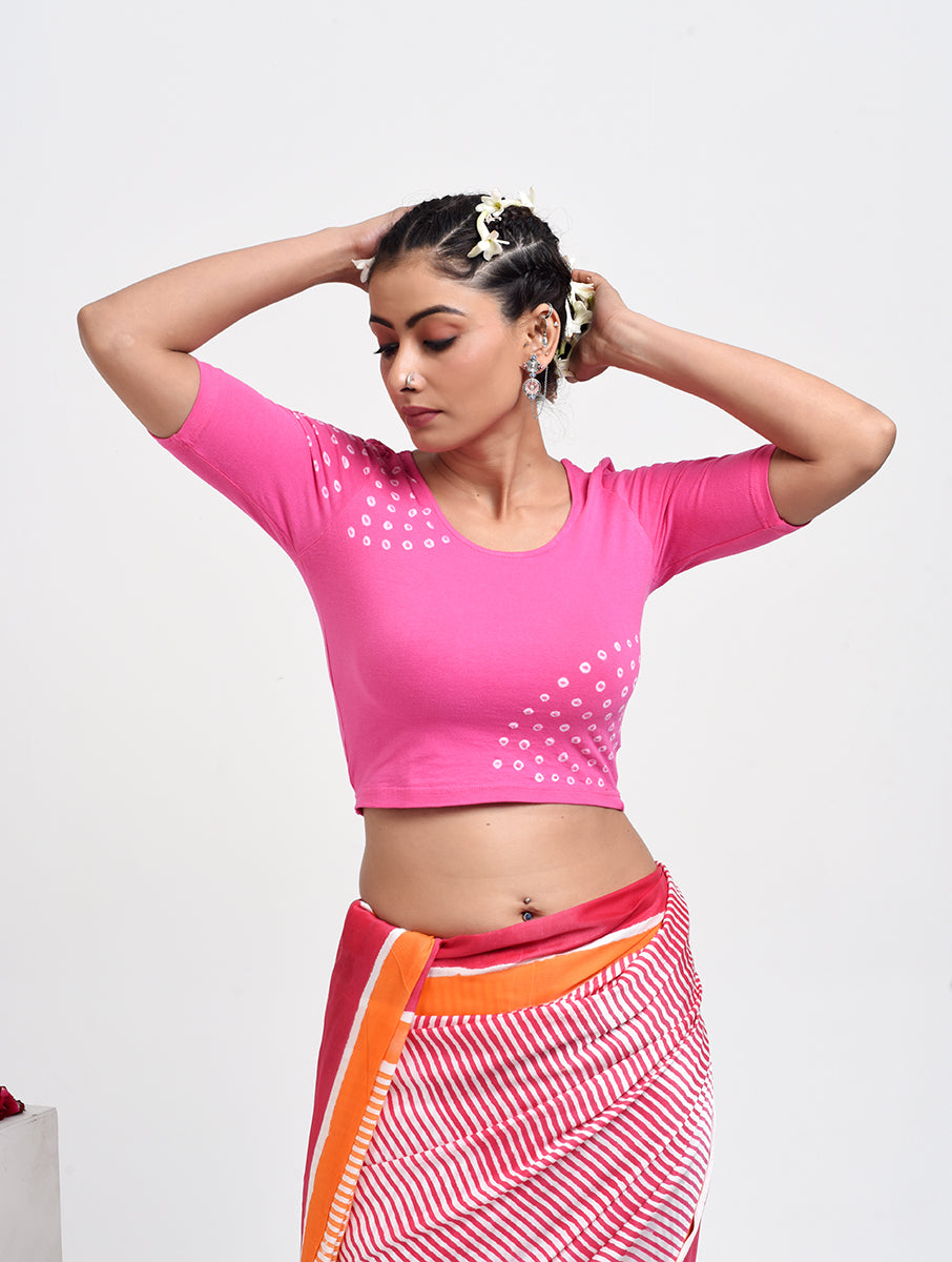 Pink Shoulder Bandhej Stretchable Blouse/Crop Top