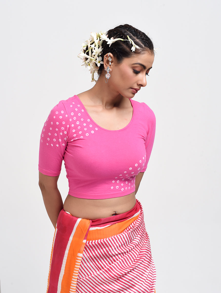 Pink Shoulder Bandhej Stretchable Blouse/Crop Top