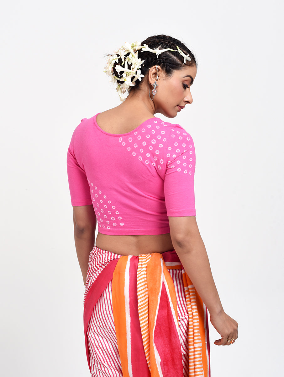 Pink Shoulder Bandhej Stretchable Blouse/Crop Top