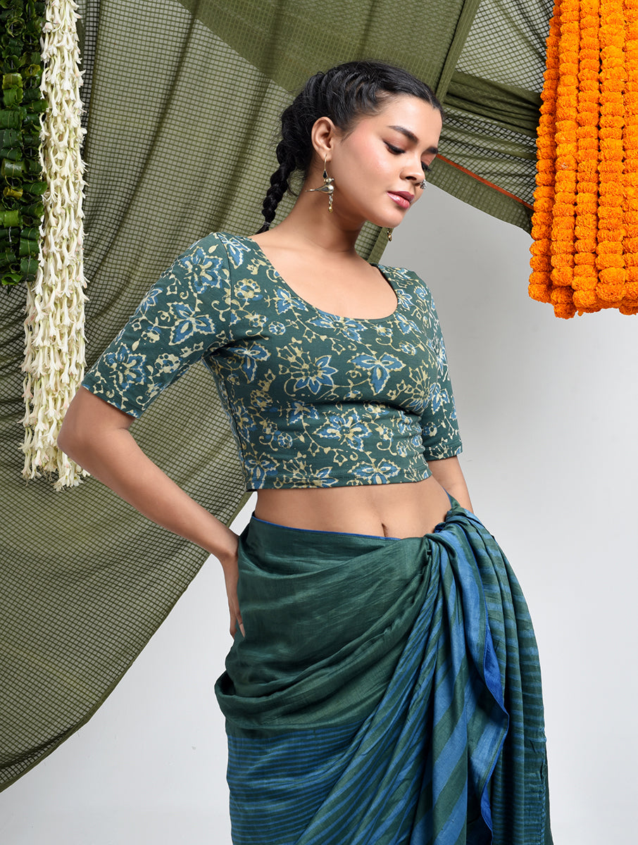Green Jaal Dabu Printed Stretchable Blouse/Crop Top