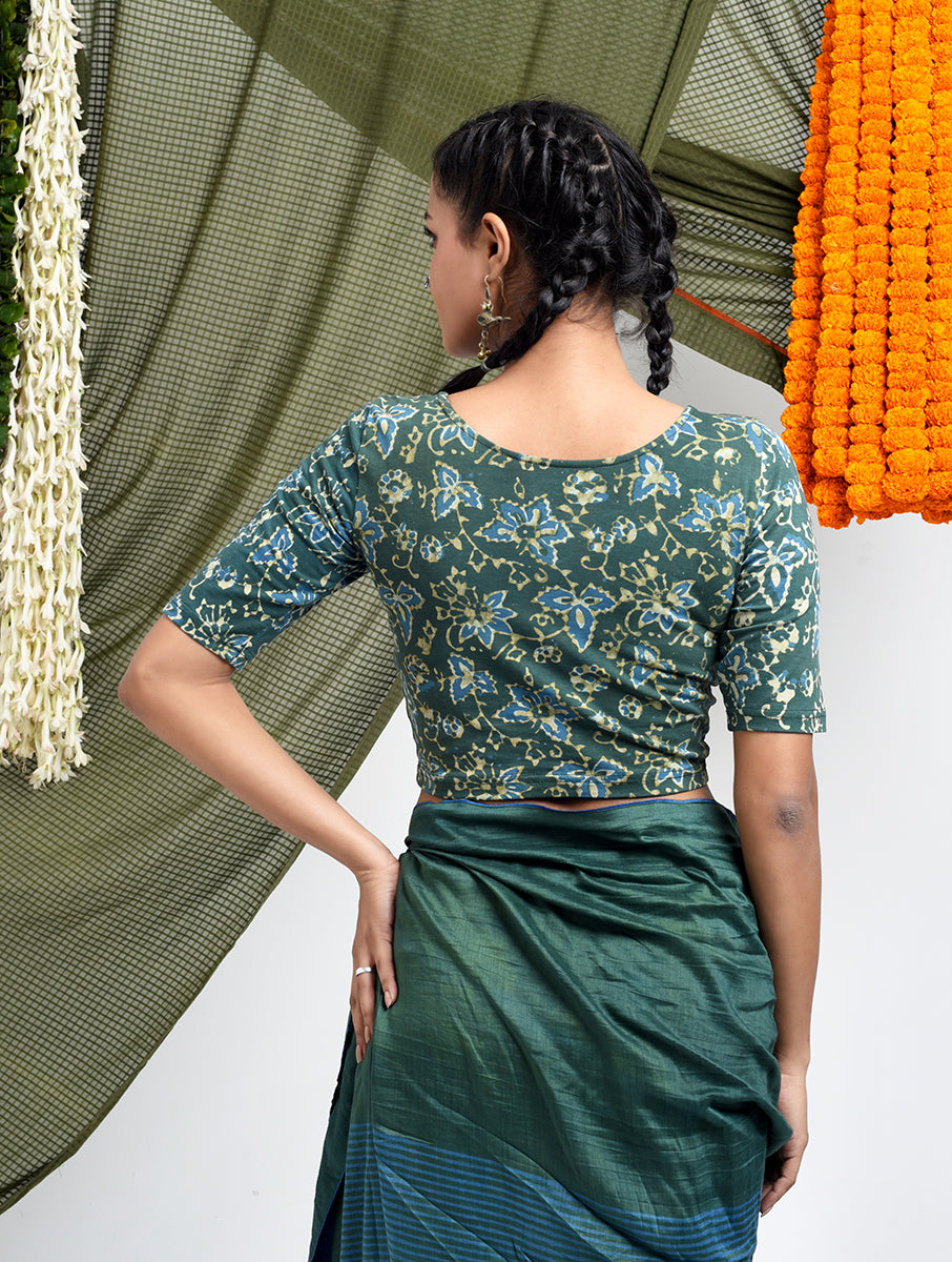 Green Jaal Dabu Printed Stretchable Blouse/Crop Top