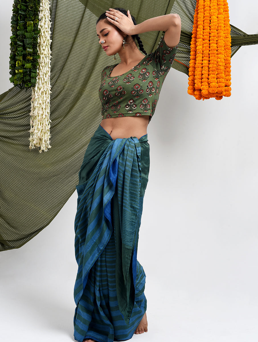 Green Guldasta Dabu Printed Stretchable Blouse/Crop Top