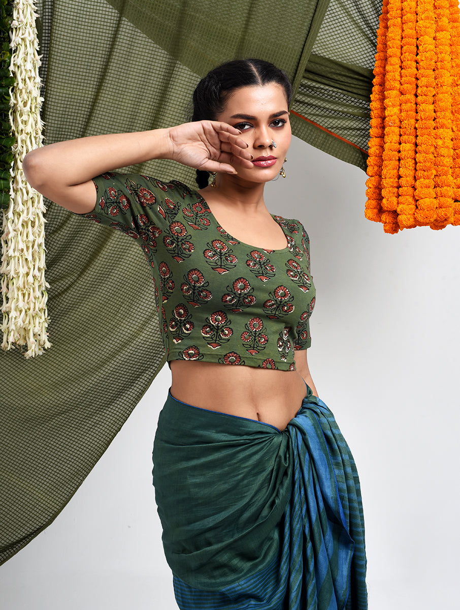 Green Guldasta Dabu Printed Stretchable Blouse/Crop Top