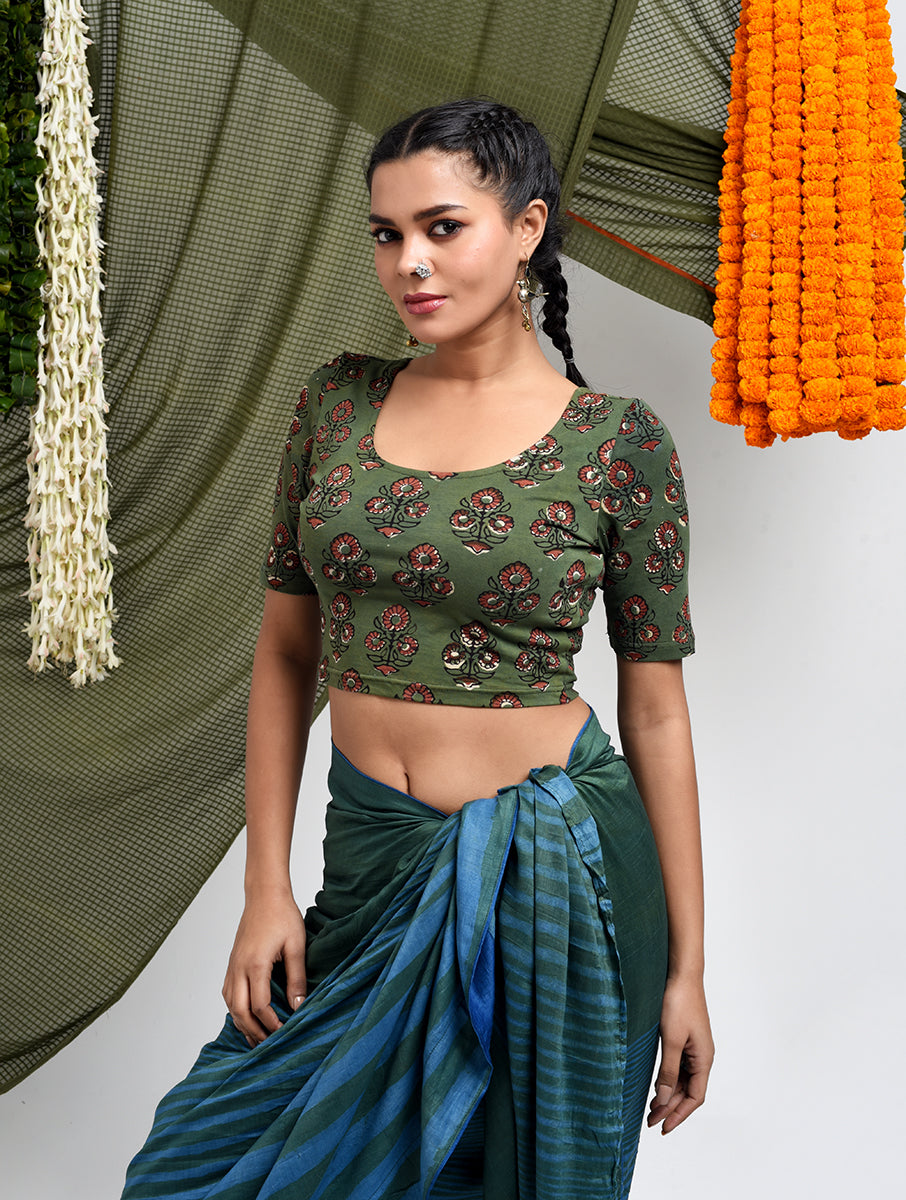 Green Guldasta Dabu Printed Stretchable Blouse/Crop Top