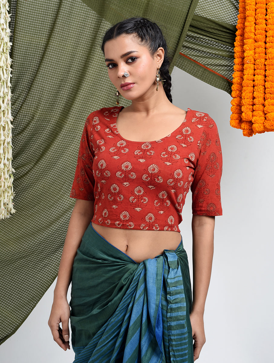 Rust Guldasta Dabu Printed Stretchable Blouse/Crop Top