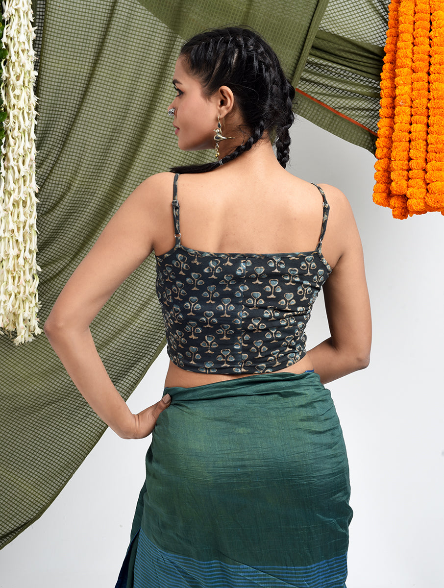 Grey Guldasta Dabu Printed Stretchable Spaghetti Blouse/Crop Top