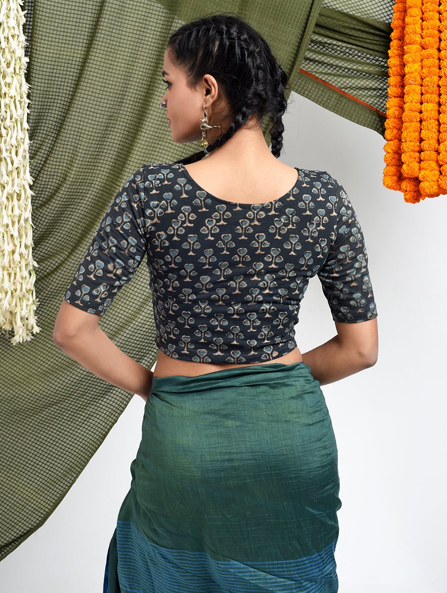 Grey Guldasta Dabu Printed Stretchable Blouse/Crop Top