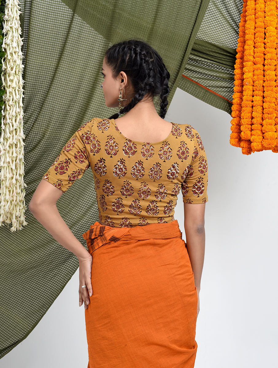 Mustard Guldasta Dabu Printed Stretchable Blouse/Crop Top