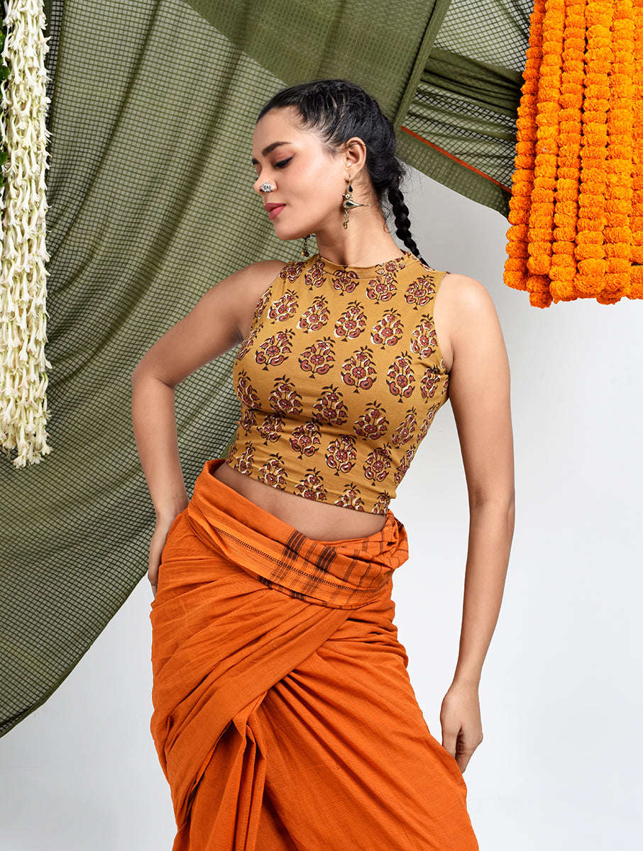 Mustard Guldasta Dabu Printed Highneck Stretchable Blouse/Crop Top
