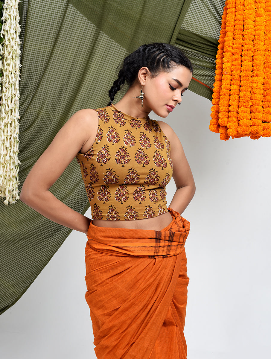 Mustard Guldasta Dabu Printed Highneck Stretchable Blouse/Crop Top