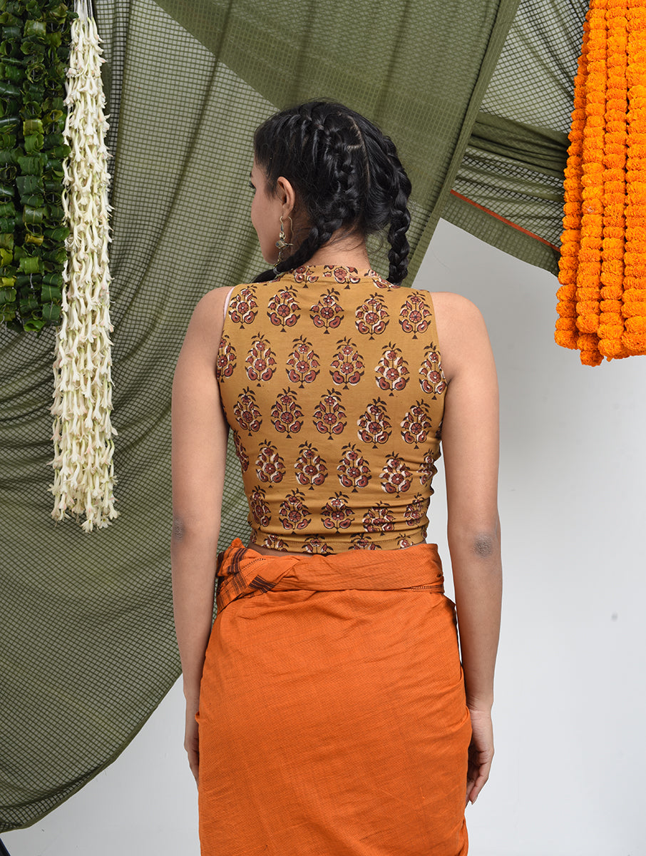 Mustard Guldasta Dabu Printed Highneck Stretchable Blouse/Crop Top