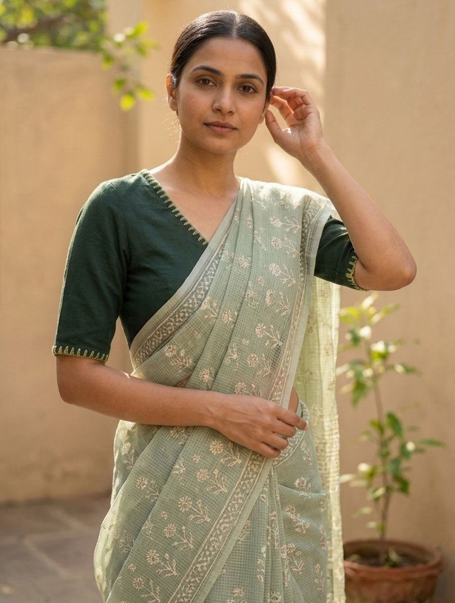 Beaded Vine Edge Stitch Bottle Green Hand Embroidered Stretchable Blouse/Crop Top