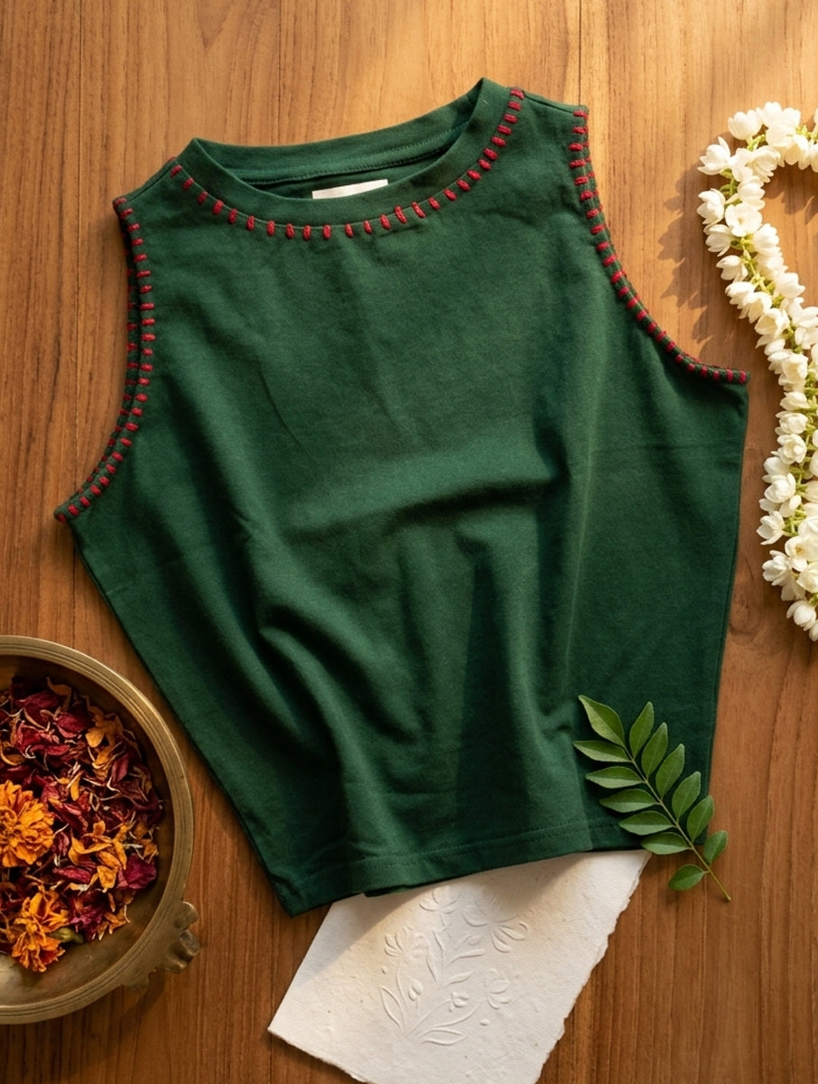 Bottle Green Hand Embroidered High Neck Stretchable Blouse/Crop Top