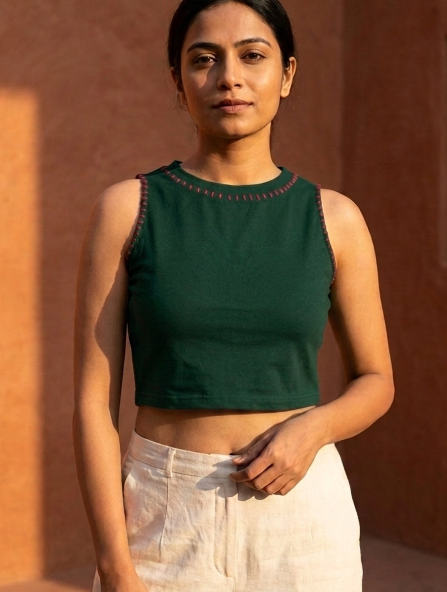 Bottle Green Hand Embroidered High Neck Stretchable Blouse/Crop Top