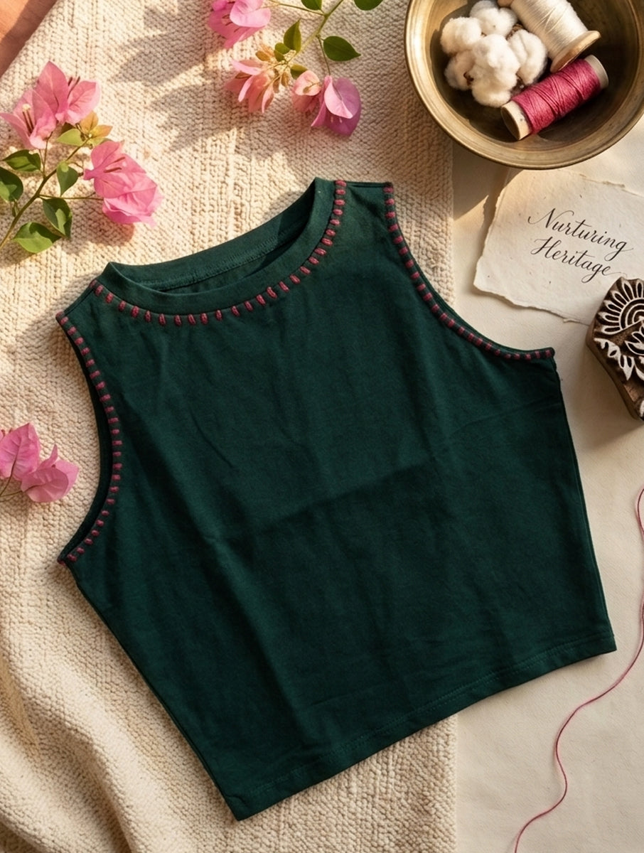 Green Hand Embroidered High Neck Stretchable Blouse/Crop Top