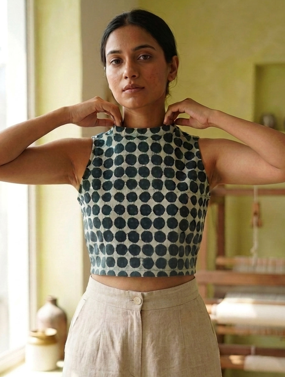 Green Polka Dabu Printed Stretchable High Neck Blouse/Crop Top