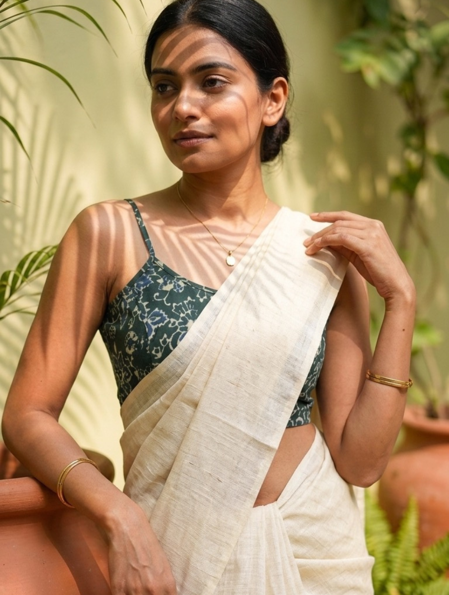 Green Jaal Dabu Printed Stretchable Spaghetti Blouse/Crop Top