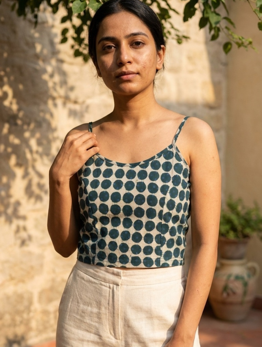 Green Polka Dabu Printed Stretchable Spaghetti Blouse/Crop Top