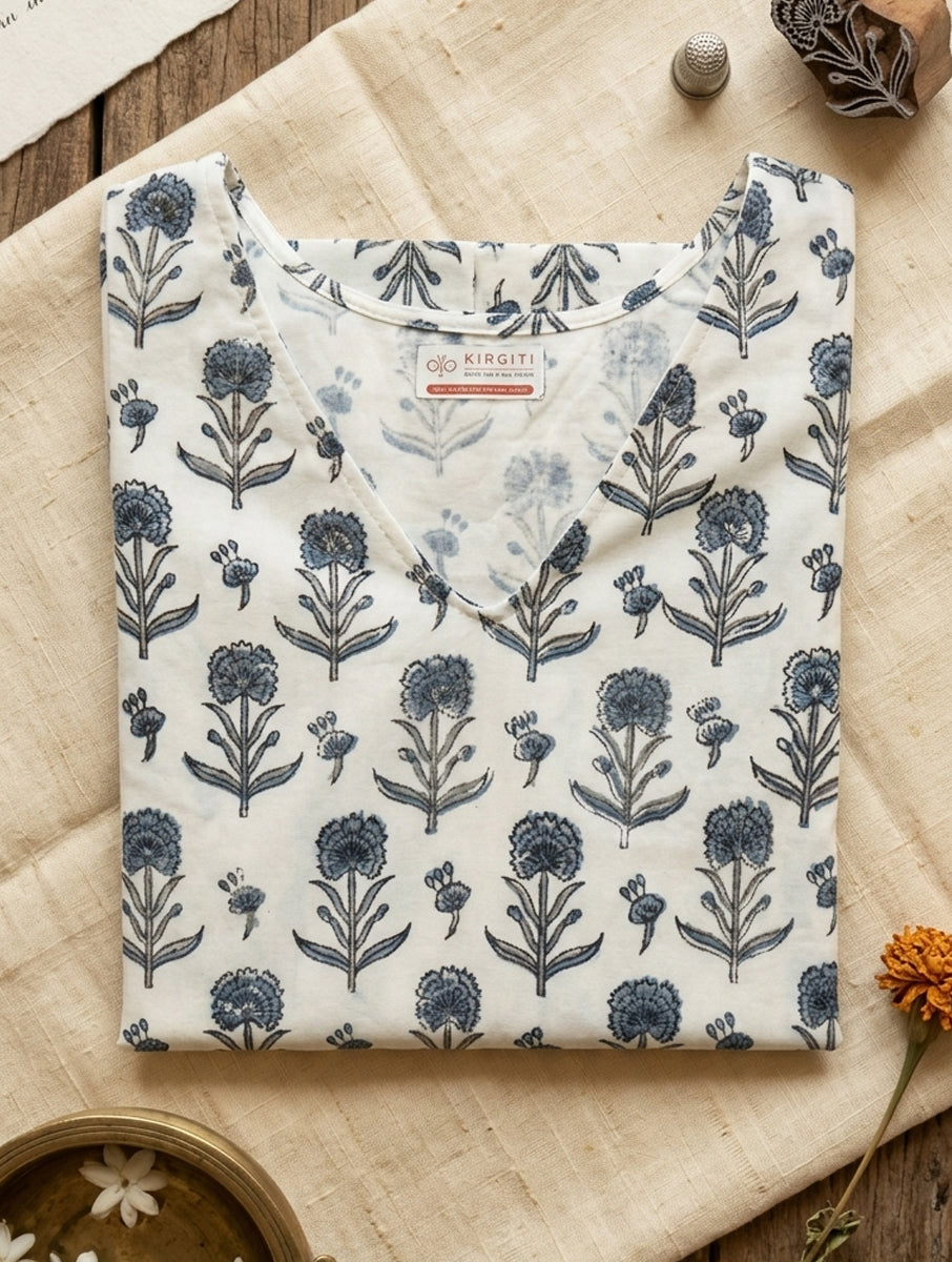 Grey White Guldasta Sanganeri Printed Stretchable Blouse/Crop Top