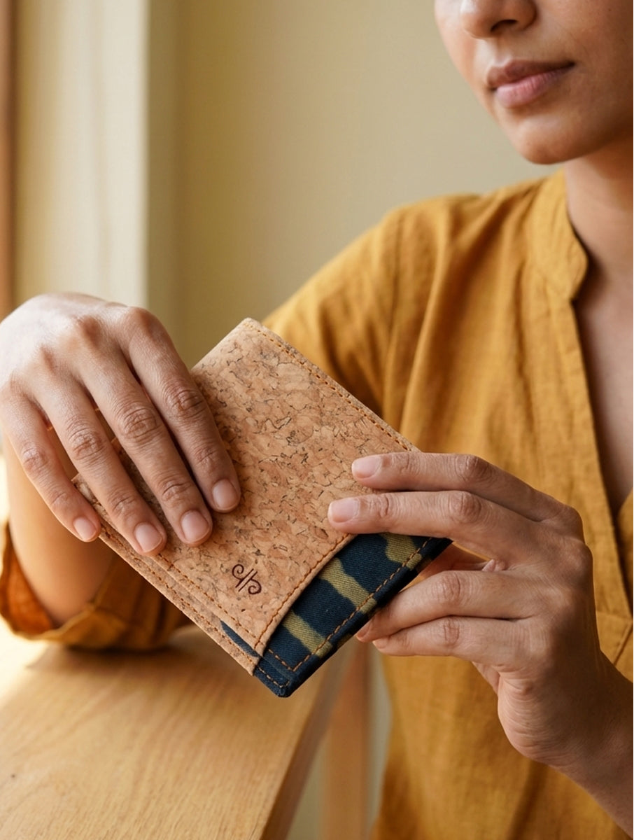 Green Striped Dabu Printed & Vegan Leather Cork Wallet