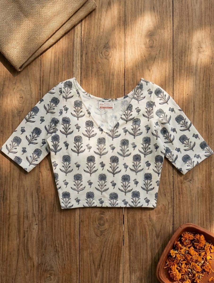 Grey White Guldasta Sanganeri Printed Stretchable Blouse/Crop Top