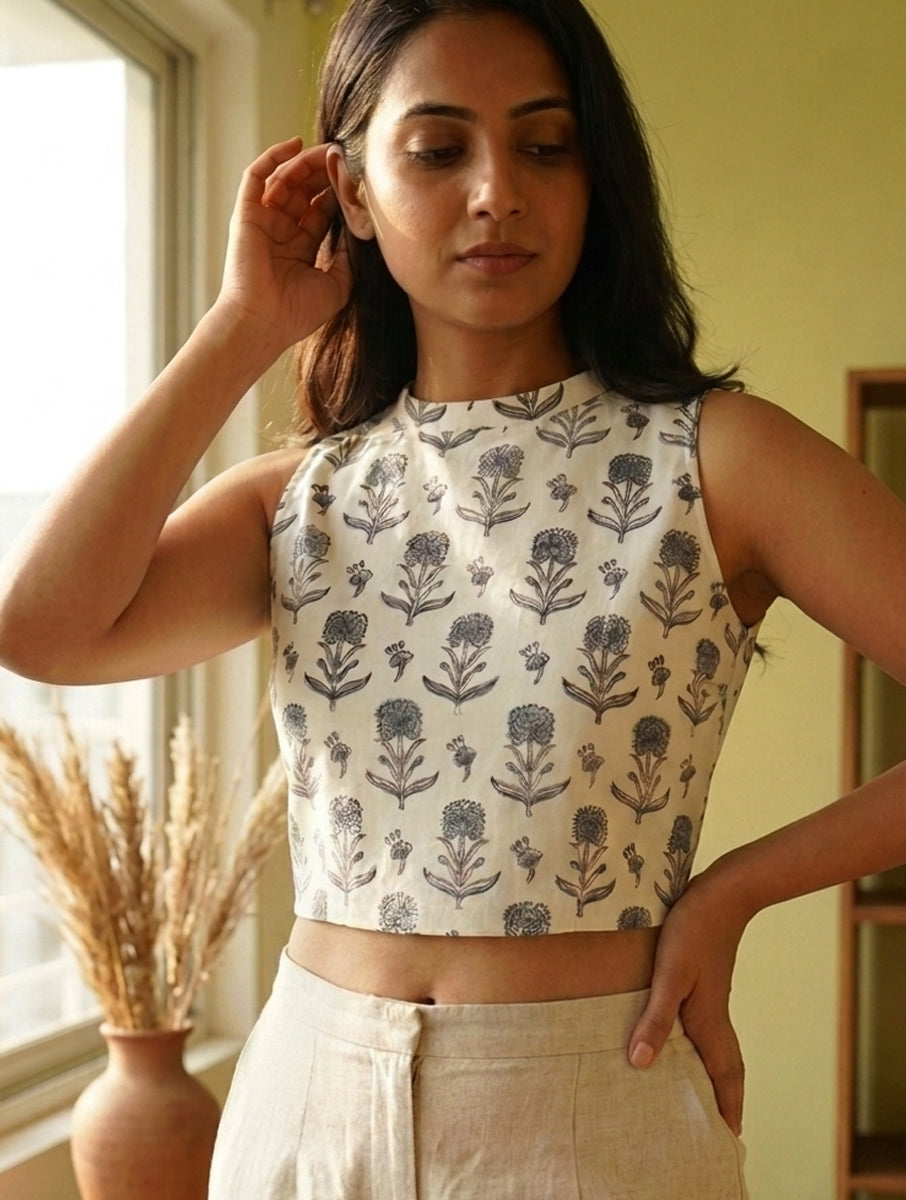 Grey White Guldasta Sanganeri Printed Highneck Stretchable Blouse/Crop Top