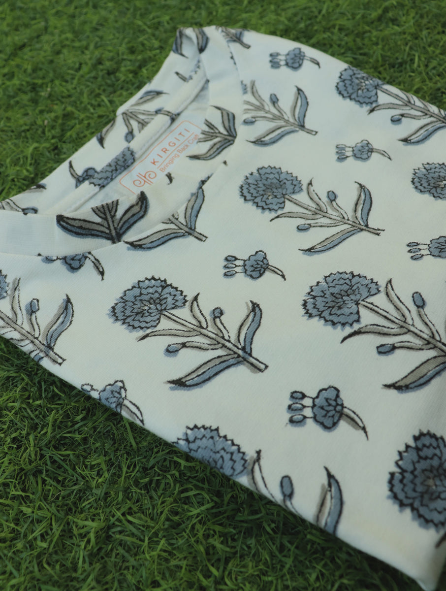 Grey White Guldasta Sanganeri Printed Highneck Stretchable Blouse/Crop Top