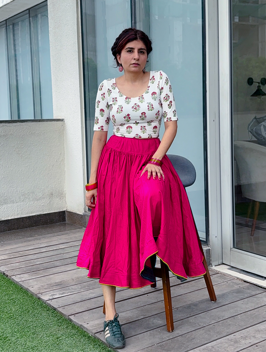 House of Tai Handcrafted Haryanvi Pink Dhaman - 32 Kali Heritage Flared Skirt