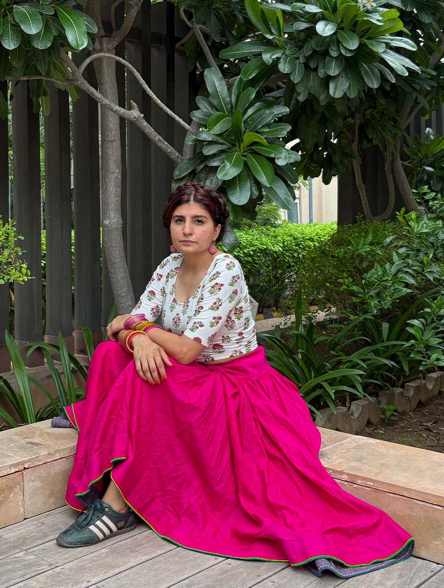 House of Tai Handcrafted Haryanvi Pink Dhaman - 32 Kali Heritage Flared Skirt