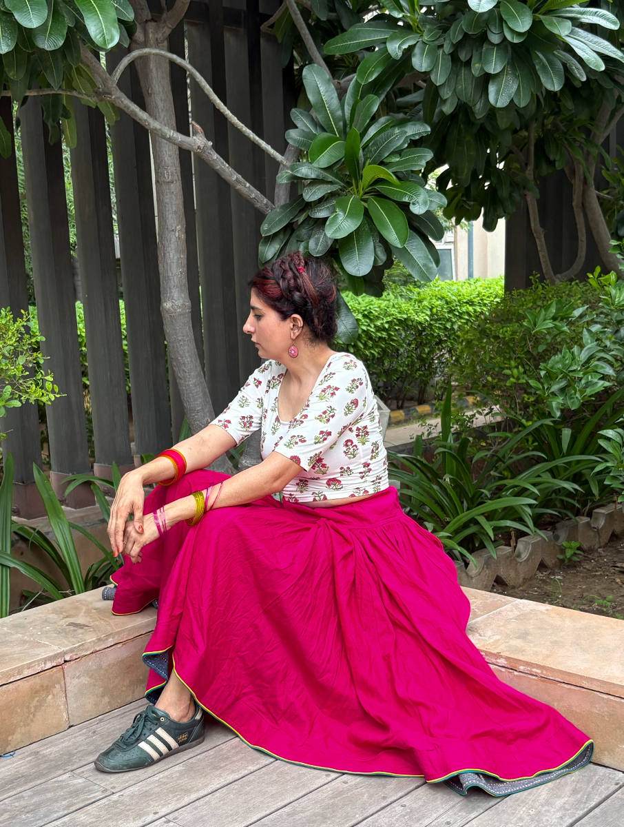 House of Tai Handcrafted Haryanvi Pink Dhaman - 32 Kali Heritage Flared Skirt