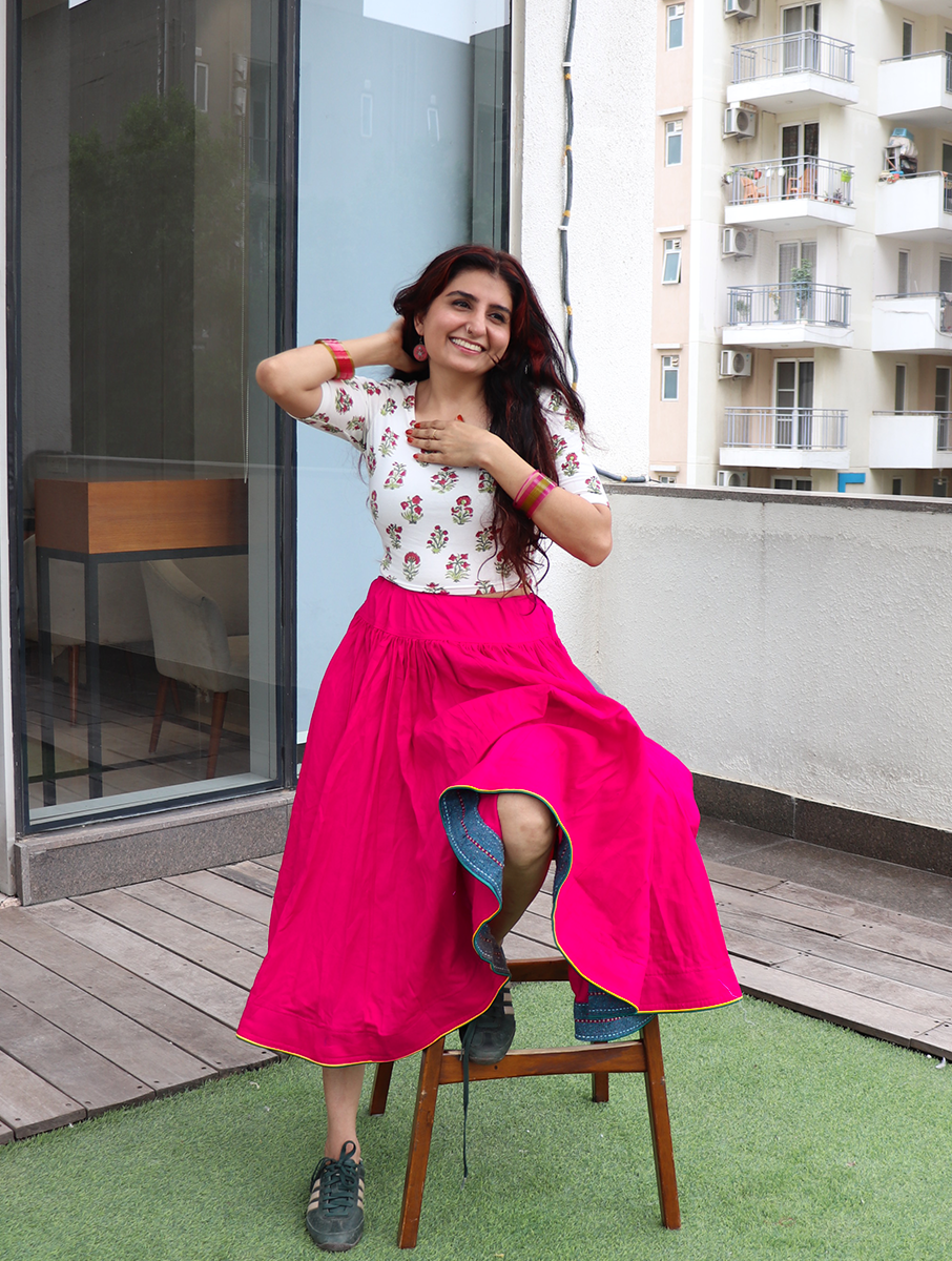 House of Tai Handcrafted Haryanvi Pink Dhaman - 32 Kali Heritage Flared Skirt