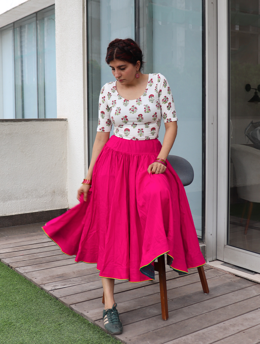 House of Tai Handcrafted Haryanvi Pink Dhaman - 32 Kali Heritage Flared Skirt
