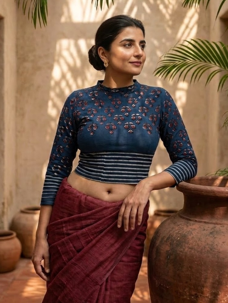 Indigo Boota Lined Dabu Printed Stretchable Highneck 3/4th Sleeves Blouse/Crop Top