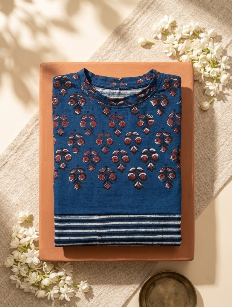 Indigo Boota Lined Dabu Printed Stretchable Highneck 3/4th Sleeves Blouse/Crop Top