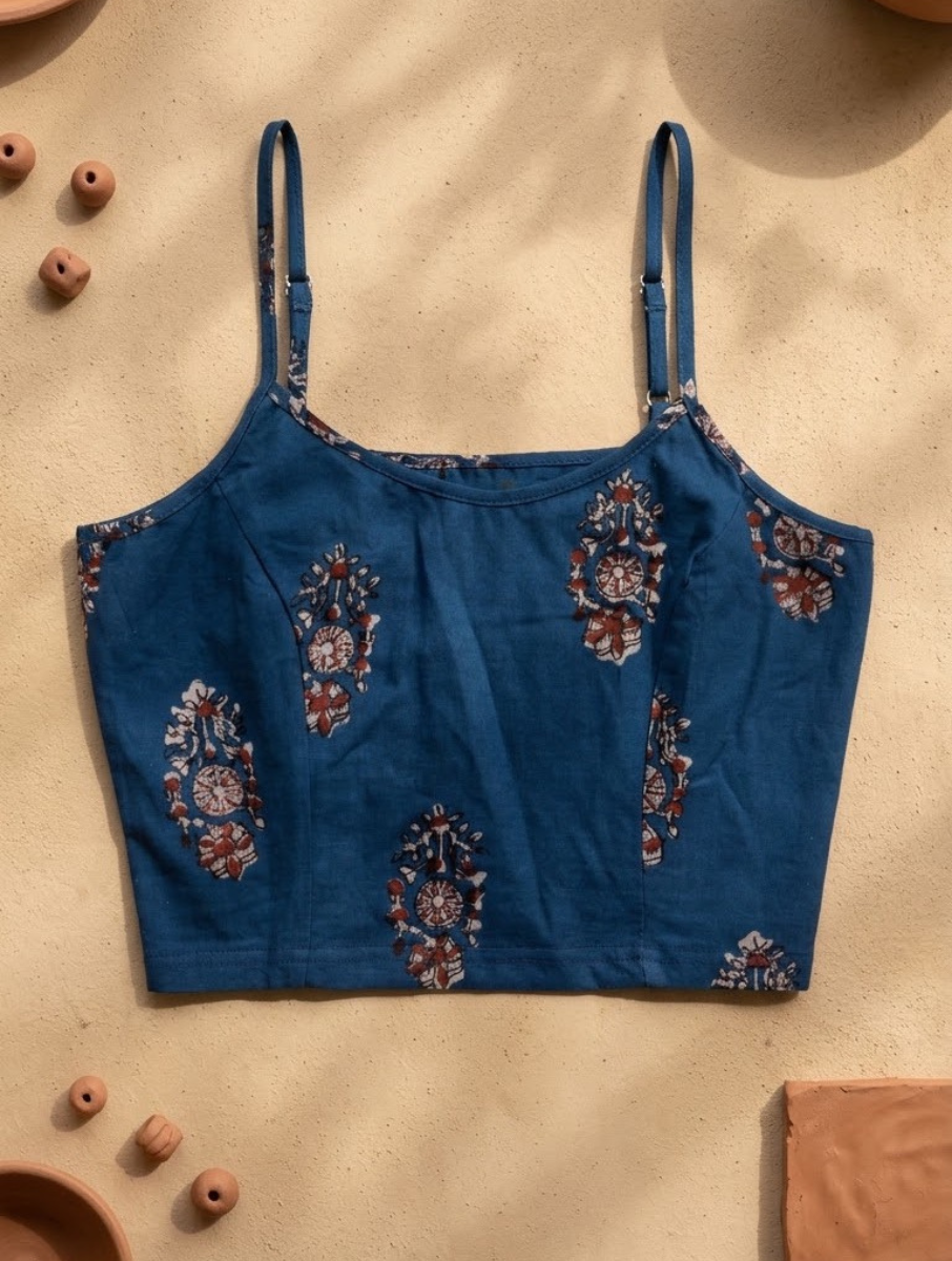Blue Boota Dabu Printed Stretchable Spaghetti Blouse/Crop Top