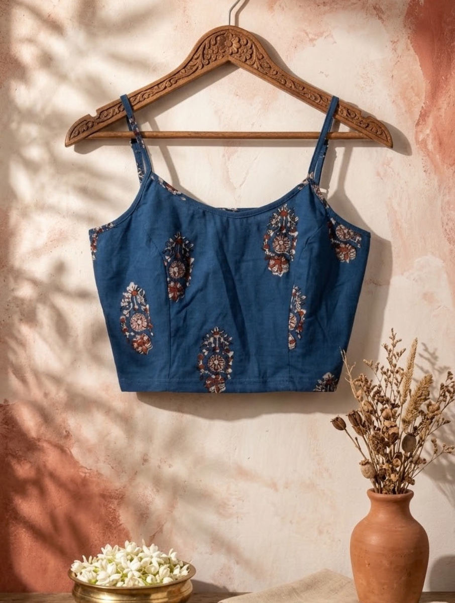 Blue Boota Dabu Printed Stretchable Spaghetti Blouse/Crop Top